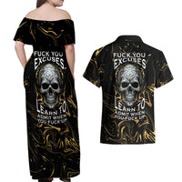 Skull Mable Golden Abstract Art Couples Matching Off Shoulder Maxi Dress and Hawaiian Shirt Fuck You Excuses Learn To Admit When You Fuck Up - Wonder Print Shop