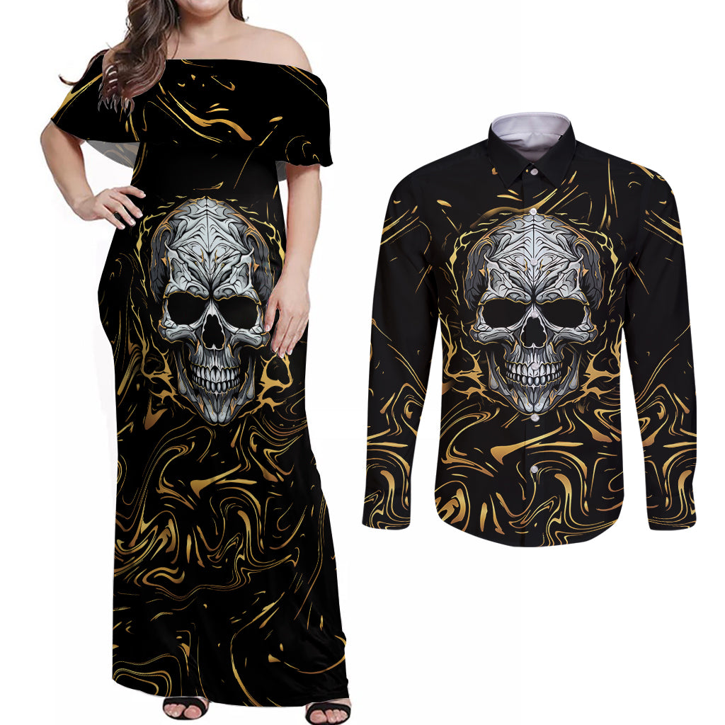 Skull Mable Golden Abstract Art Couples Matching Off Shoulder Maxi Dress and Long Sleeve Button Shirts Fuck You Excuses Learn To Admit When You Fuck Up - Wonder Print Shop