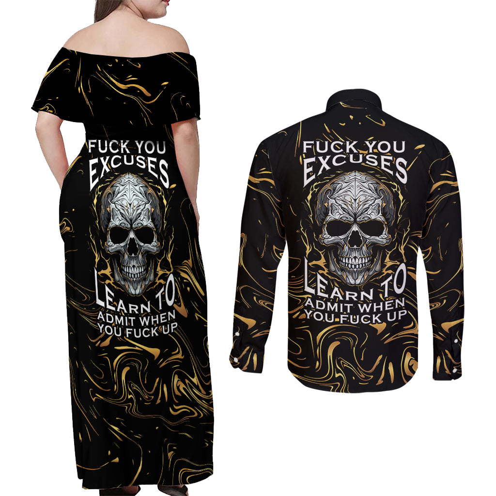 Skull Mable Golden Abstract Art Couples Matching Off Shoulder Maxi Dress and Long Sleeve Button Shirts Fuck You Excuses Learn To Admit When You Fuck Up - Wonder Print Shop