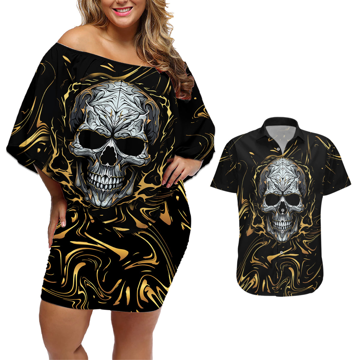 Skull Mable Golden Abstract Art Couples Matching Off Shoulder Short Dress and Hawaiian Shirt Fuck You Excuses Learn To Admit When You Fuck Up - Wonder Print Shop
