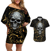Skull Mable Golden Abstract Art Couples Matching Off Shoulder Short Dress and Hawaiian Shirt Fuck You Excuses Learn To Admit When You Fuck Up - Wonder Print Shop
