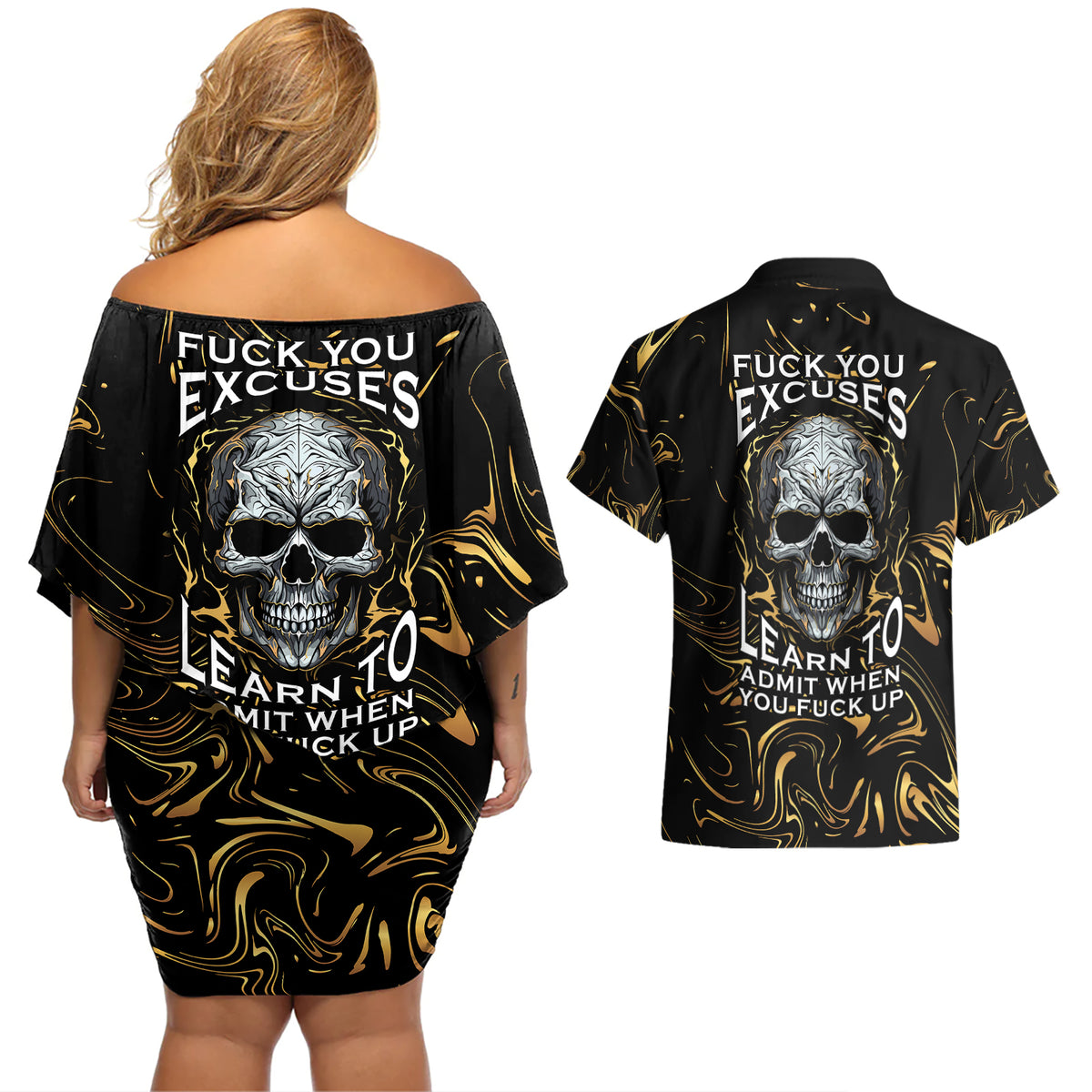 Skull Mable Golden Abstract Art Couples Matching Off Shoulder Short Dress and Hawaiian Shirt Fuck You Excuses Learn To Admit When You Fuck Up - Wonder Print Shop