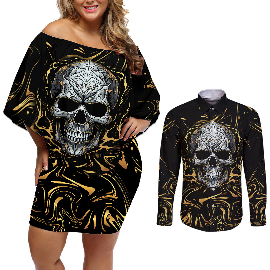 Skull Mable Golden Abstract Art Couples Matching Off Shoulder Short Dress and Long Sleeve Button Shirts Fuck You Excuses Learn To Admit When You Fuck Up - Wonder Print Shop