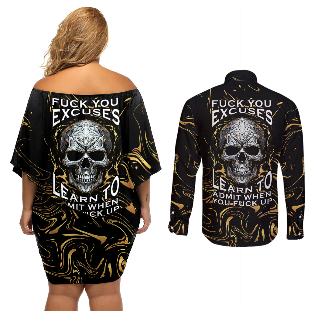 Skull Mable Golden Abstract Art Couples Matching Off Shoulder Short Dress and Long Sleeve Button Shirts Fuck You Excuses Learn To Admit When You Fuck Up - Wonder Print Shop