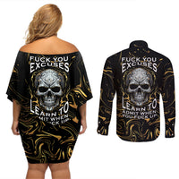 Skull Mable Golden Abstract Art Couples Matching Off Shoulder Short Dress and Long Sleeve Button Shirts Fuck You Excuses Learn To Admit When You Fuck Up - Wonder Print Shop