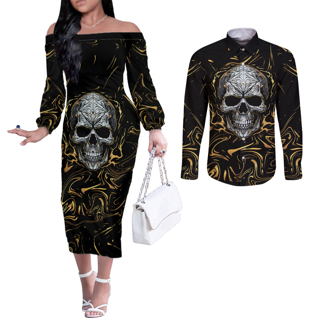 skull-mable-golden-abstract-art-couples-matching-off-the-shoulder-long-sleeve-dress-and-long-sleeve-button-shirts-fuck-you-excuses-learn-to-admit-when-you-fuck-up