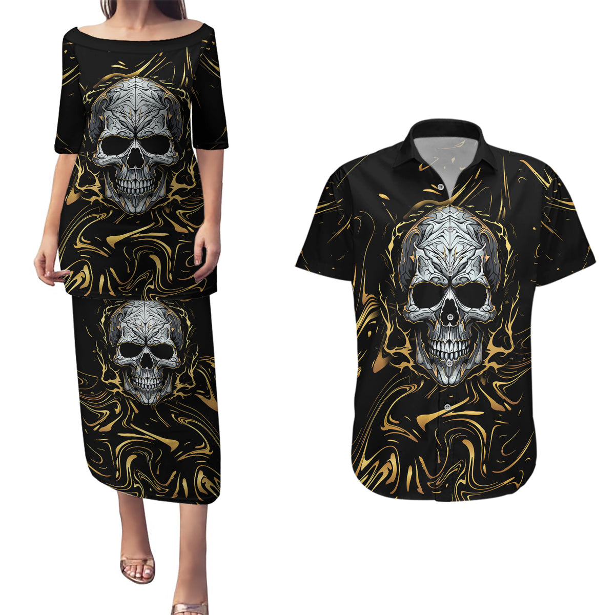Skull Mable Golden Abstract Art Couples Matching Puletasi Dress and Hawaiian Shirt Fuck You Excuses Learn To Admit When You Fuck Up - Wonder Print Shop