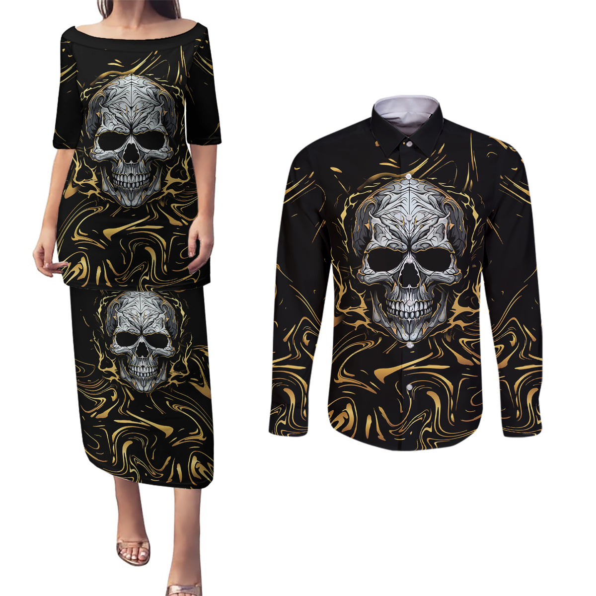 Skull Mable Golden Abstract Art Couples Matching Puletasi Dress and Long Sleeve Button Shirts Fuck You Excuses Learn To Admit When You Fuck Up - Wonder Print Shop