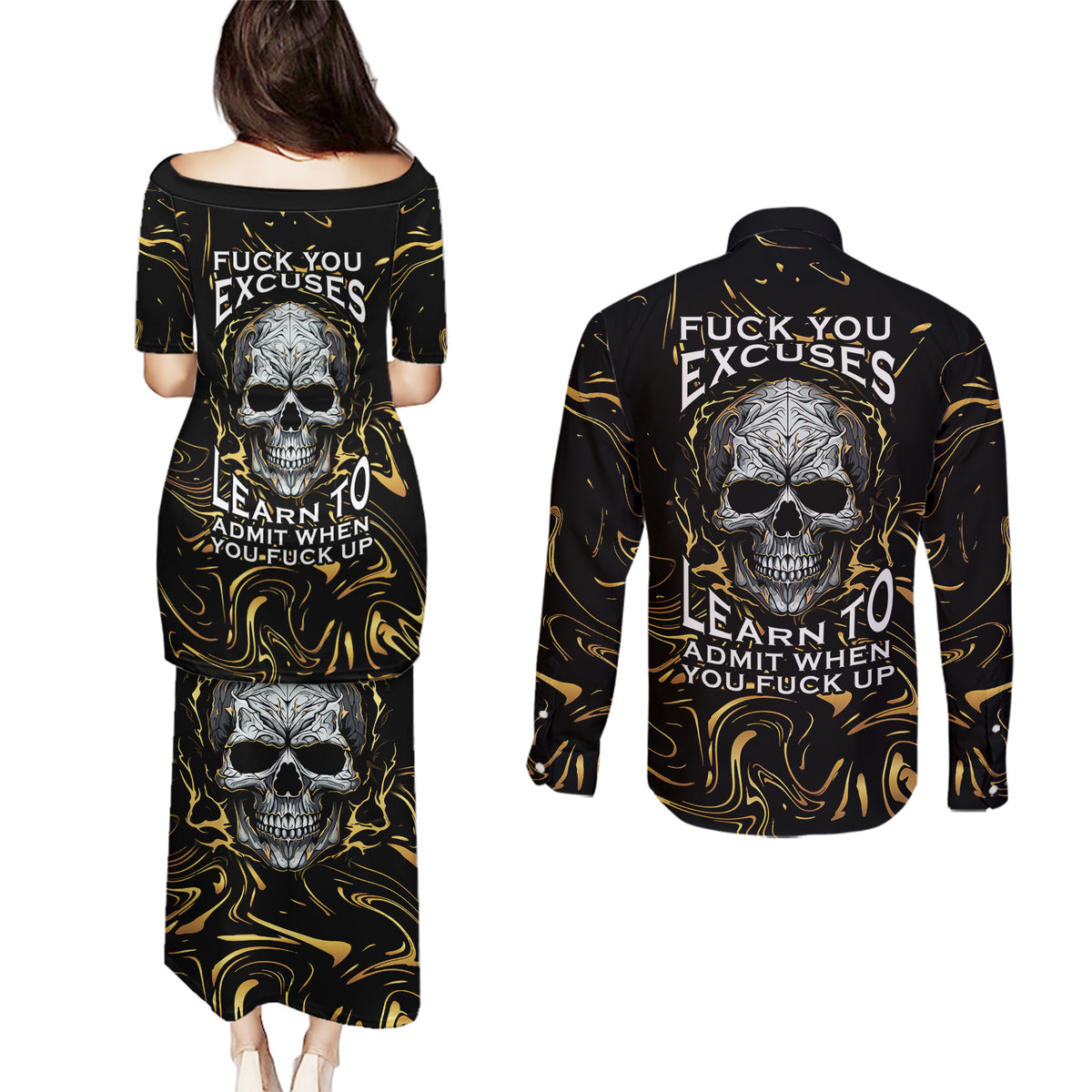 Skull Mable Golden Abstract Art Couples Matching Puletasi Dress and Long Sleeve Button Shirts Fuck You Excuses Learn To Admit When You Fuck Up - Wonder Print Shop
