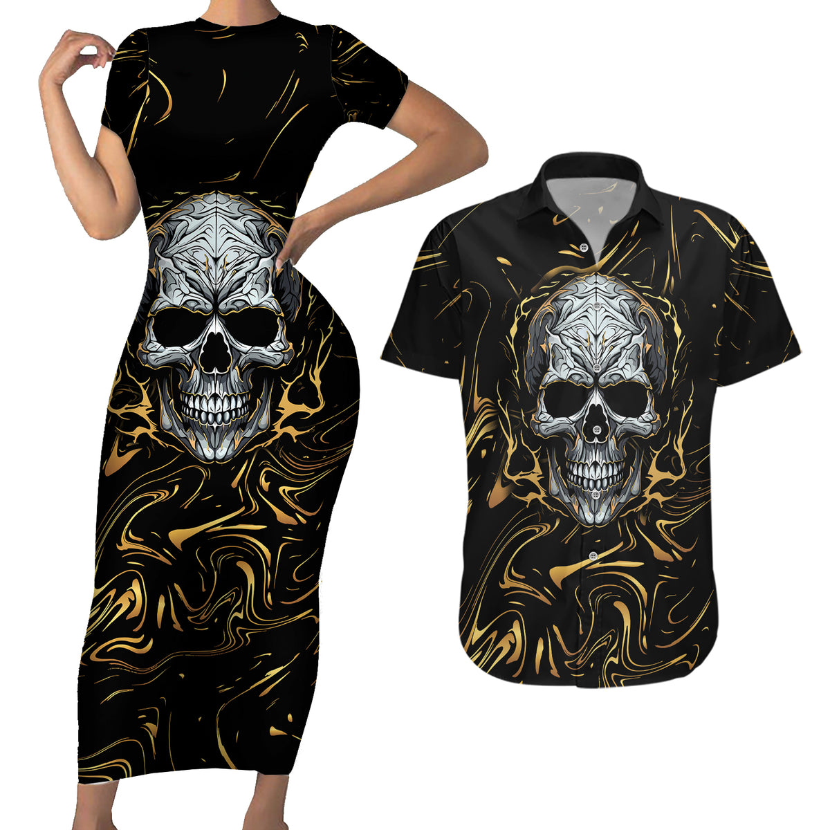 Skull Mable Golden Abstract Art Couples Matching Short Sleeve Bodycon Dress and Hawaiian Shirt Fuck You Excuses Learn To Admit When You Fuck Up - Wonder Print Shop