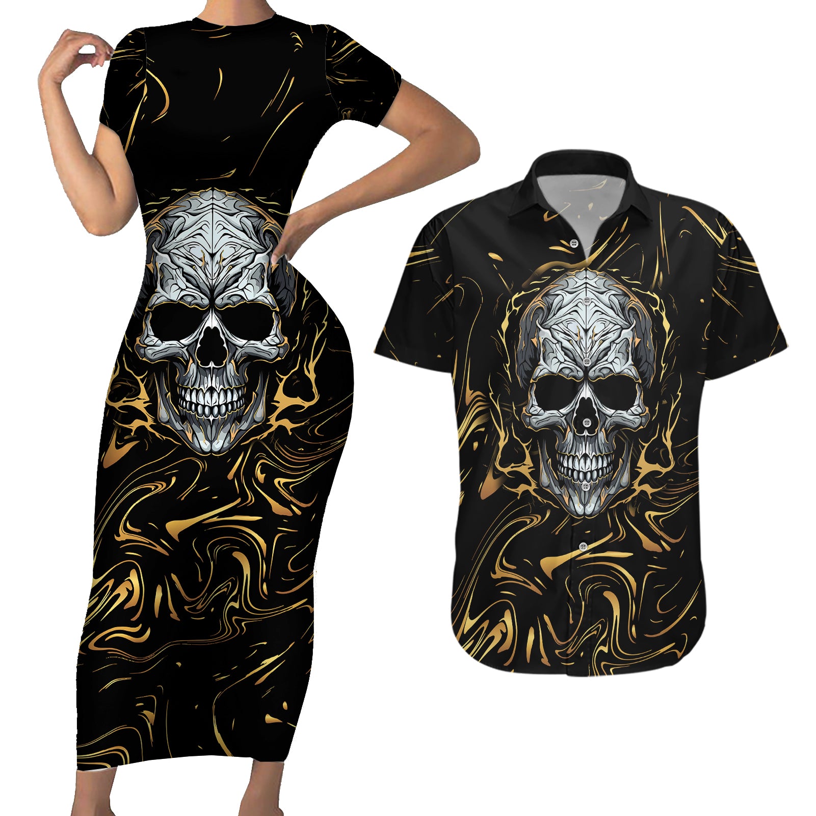 Skull Mable Golden Abstract Art Couples Matching Short Sleeve Bodycon Dress and Hawaiian Shirt Fuck You Excuses Learn To Admit When You Fuck Up - Wonder Print Shop
