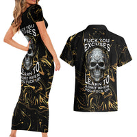 Skull Mable Golden Abstract Art Couples Matching Short Sleeve Bodycon Dress and Hawaiian Shirt Fuck You Excuses Learn To Admit When You Fuck Up - Wonder Print Shop