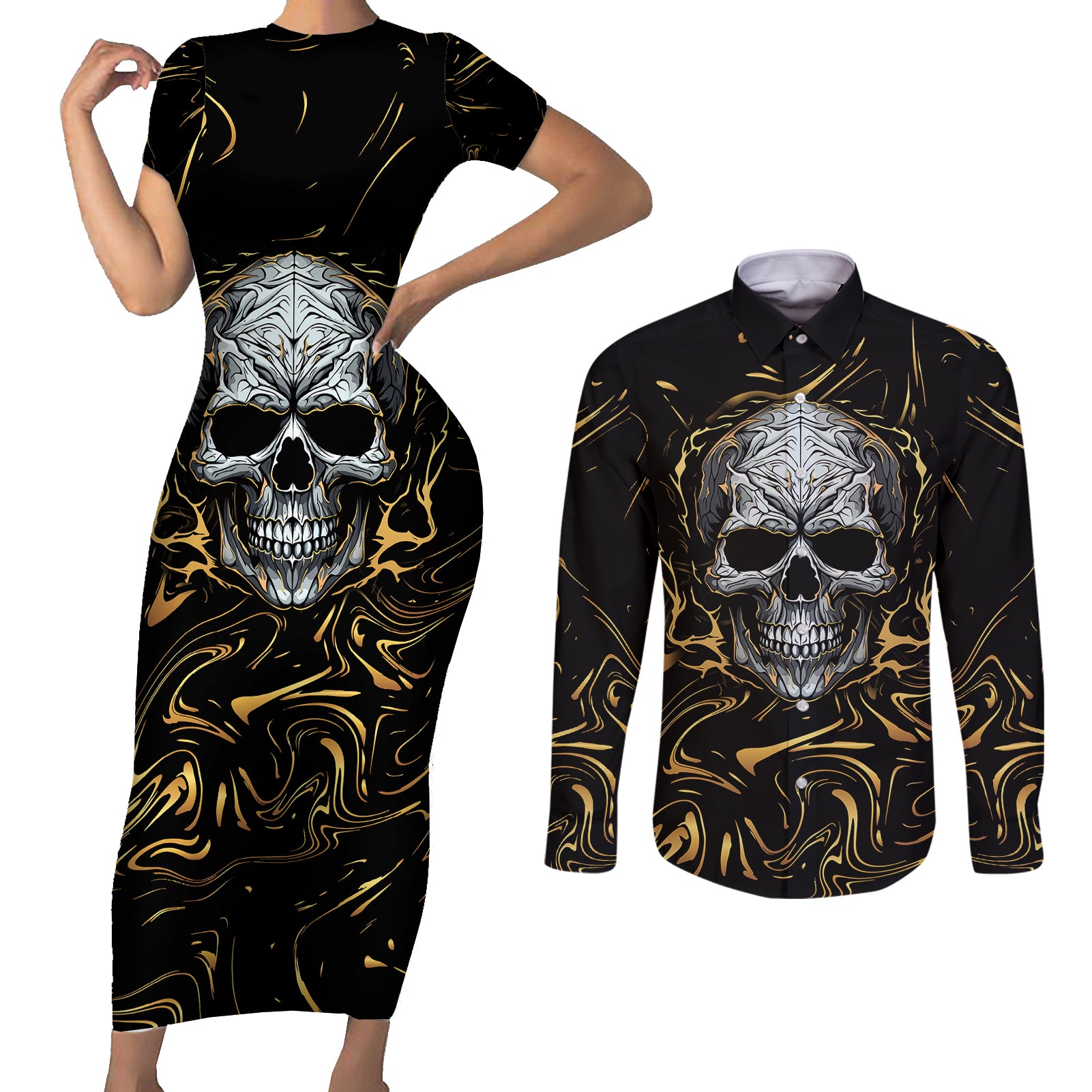Skull Mable Golden Abstract Art Couples Matching Short Sleeve Bodycon Dress and Long Sleeve Button Shirts Fuck You Excuses Learn To Admit When You Fuck Up - Wonder Print Shop