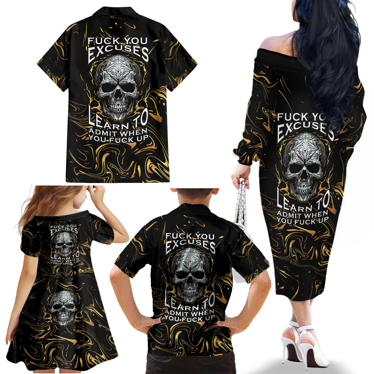 Skull Mable Golden Abstract Art Family Matching Off Shoulder Long Sleeve Dress and Hawaiian Shirt Fuck You Excuses Learn To Admit When You Fuck Up - Wonder Print Shop
