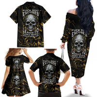Skull Mable Golden Abstract Art Family Matching Off Shoulder Long Sleeve Dress and Hawaiian Shirt Fuck You Excuses Learn To Admit When You Fuck Up - Wonder Print Shop