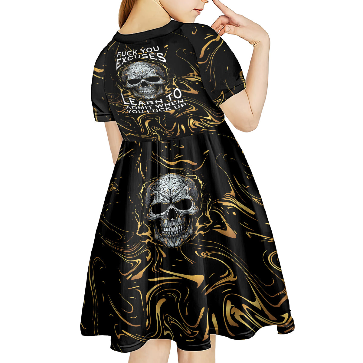 Skull Mable Golden Abstract Art Kid Short Sleeve Dress Fuck You Excuses Learn To Admit When You Fuck Up - Wonder Print Shop