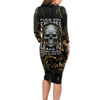Skull Mable Golden Abstract Art Long Sleeve Bodycon Dress Fuck You Excuses Learn To Admit When You Fuck Up - Wonder Print Shop