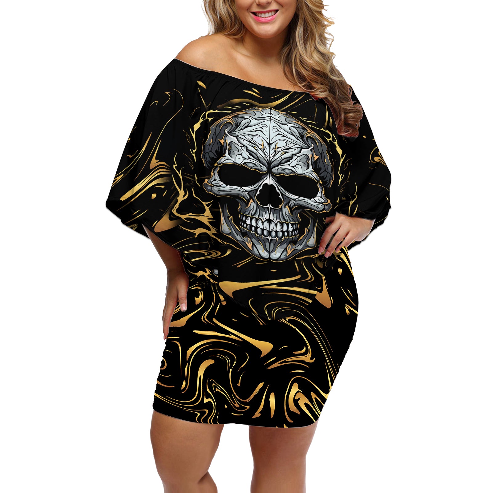 Skull Mable Golden Abstract Art Off Shoulder Short Dress Fuck You Excuses Learn To Admit When You Fuck Up - Wonder Print Shop