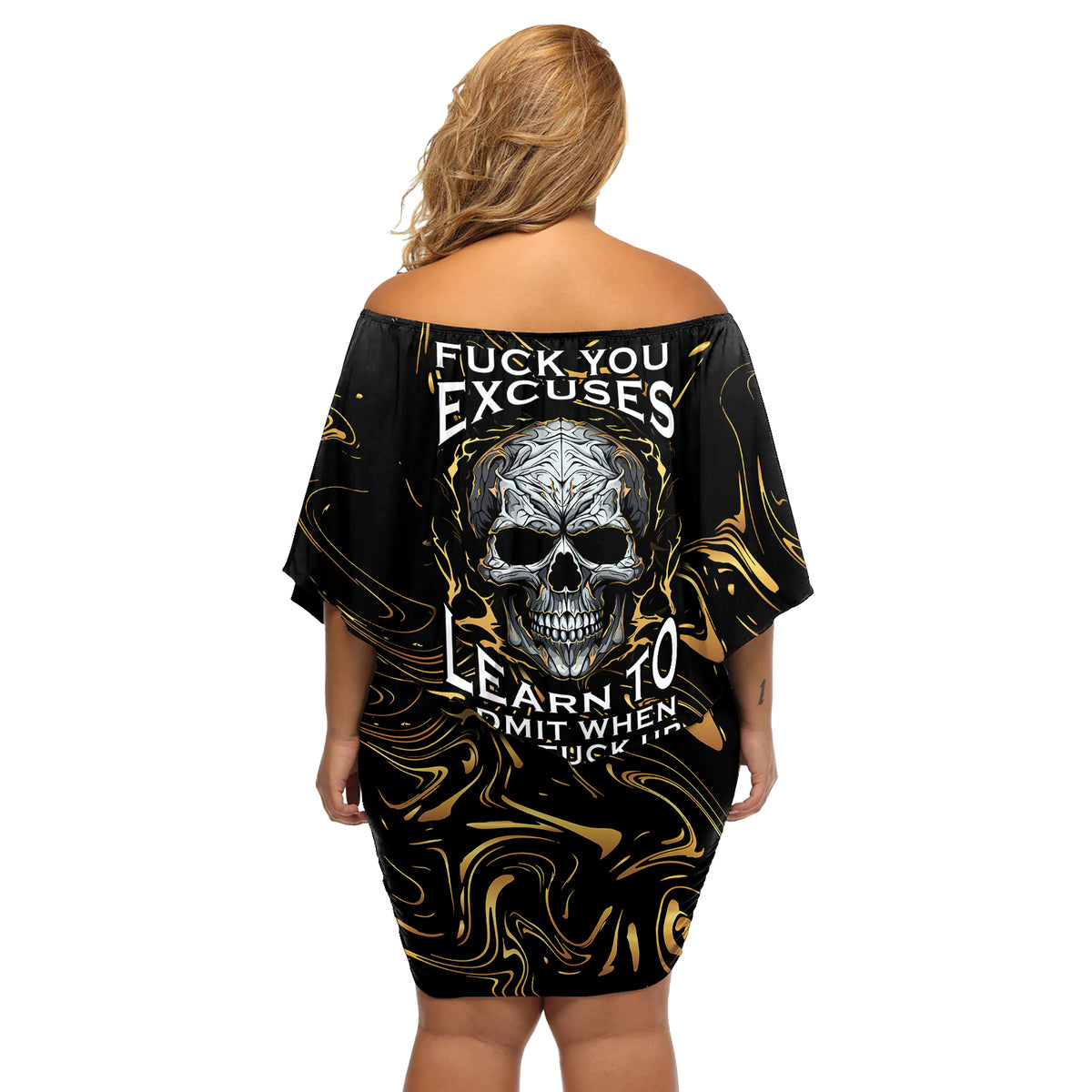 Skull Mable Golden Abstract Art Off Shoulder Short Dress Fuck You Excuses Learn To Admit When You Fuck Up - Wonder Print Shop