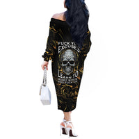 Skull Mable Golden Abstract Art Off The Shoulder Long Sleeve Dress Fuck You Excuses Learn To Admit When You Fuck Up - Wonder Print Shop