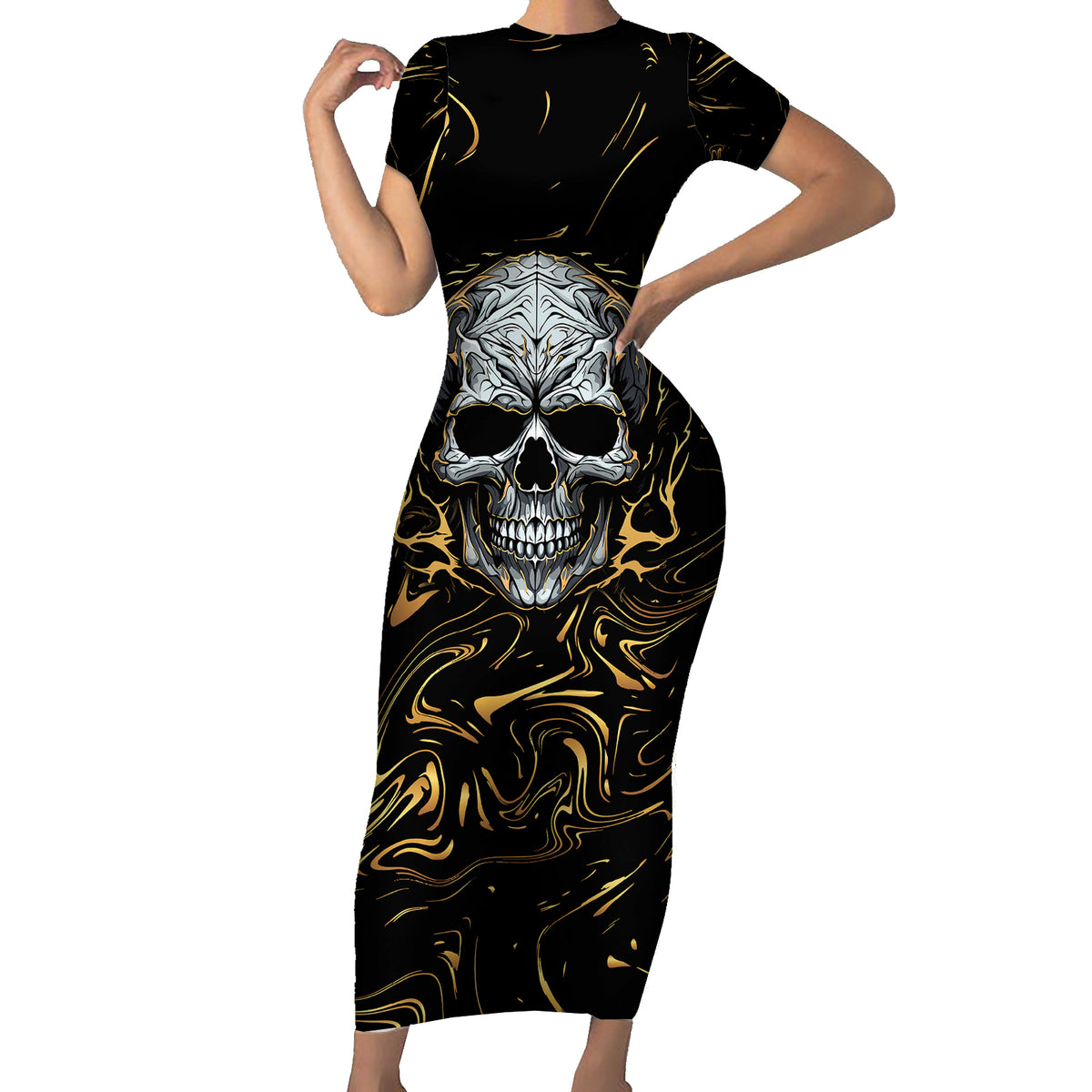 Skull Mable Golden Abstract Art Short Sleeve Bodycon Dress Fuck You Excuses Learn To Admit When You Fuck Up - Wonder Print Shop