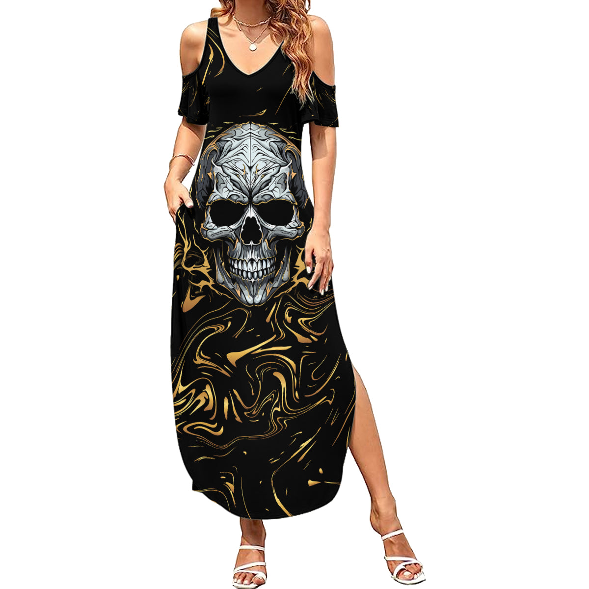 Skull Mable Golden Abstract Art Summer Maxi Dress Fuck You Excuses Learn To Admit When You Fuck Up - Wonder Print Shop