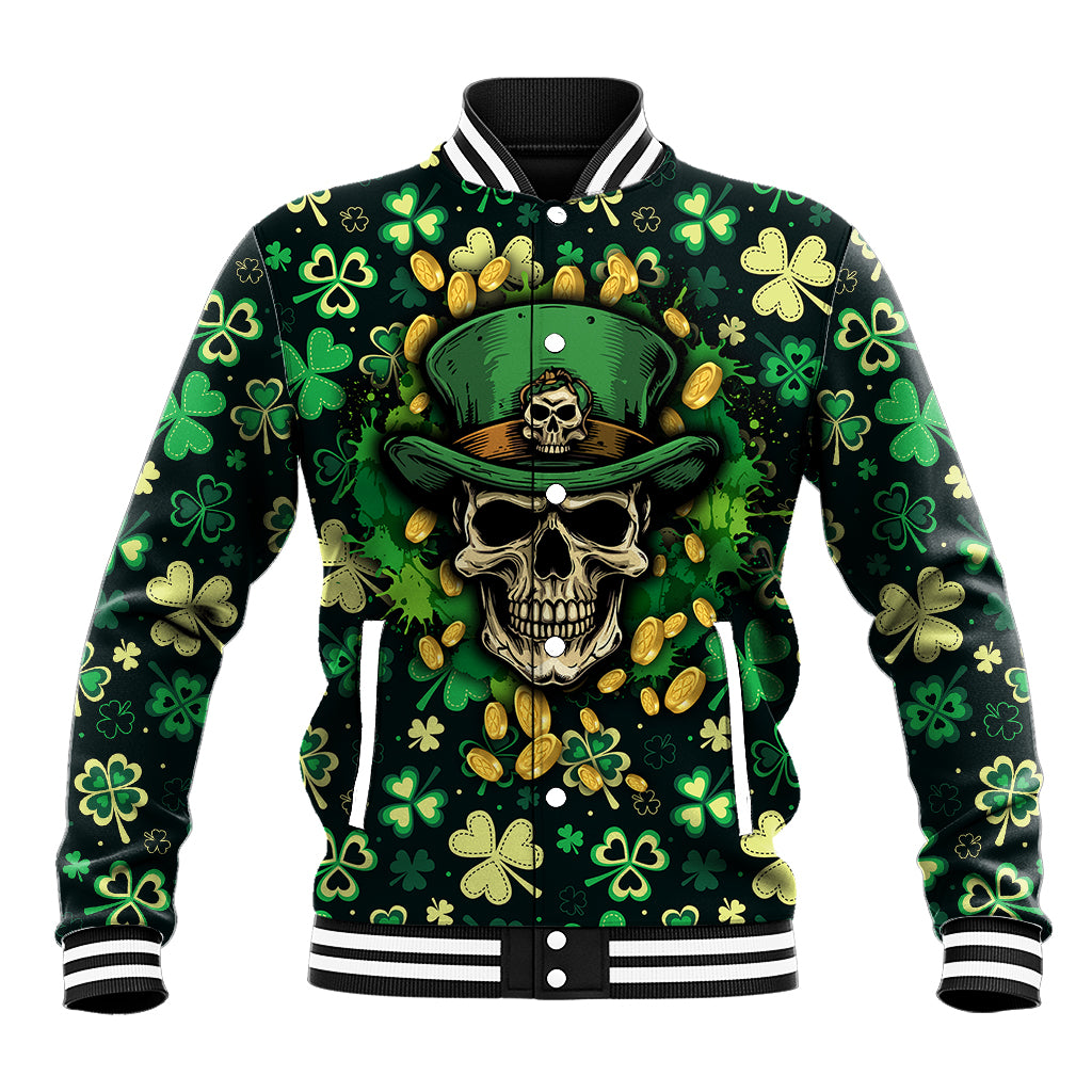 Skull and Shamrock Leaf Pattern Baseball Jacket Good Luck - Wonder Print Shop