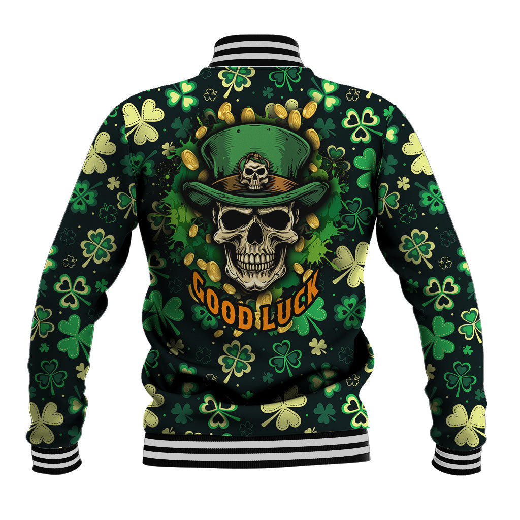 Skull and Shamrock Leaf Pattern Baseball Jacket Good Luck - Wonder Print Shop