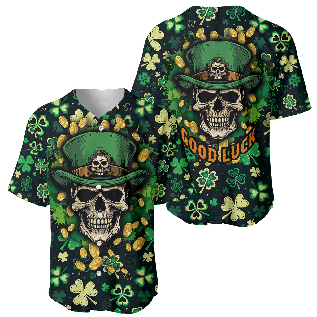 Skull and Shamrock Leaf Pattern Baseball Jersey Good Luck - Wonder Print Shop
