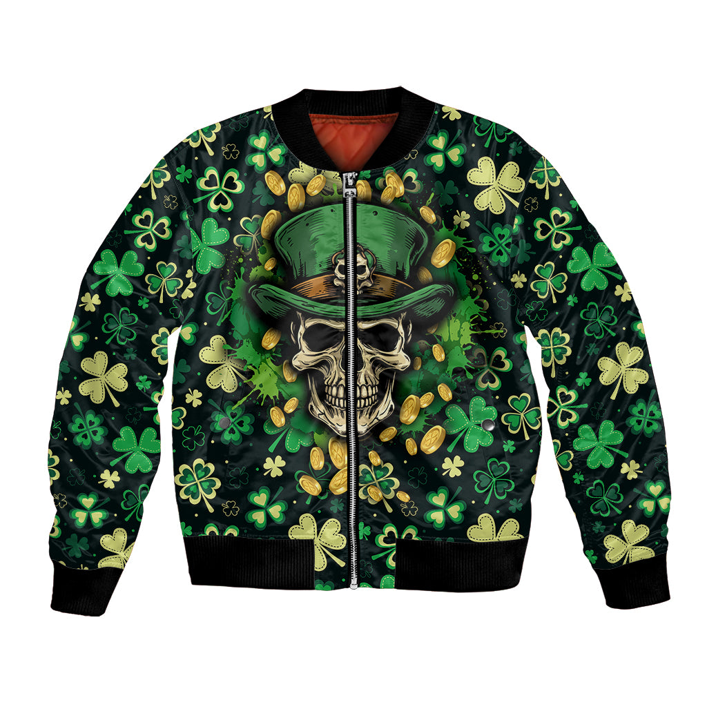 Skull and Shamrock Leaf Pattern Bomber Jacket Good Luck - Wonder Print Shop