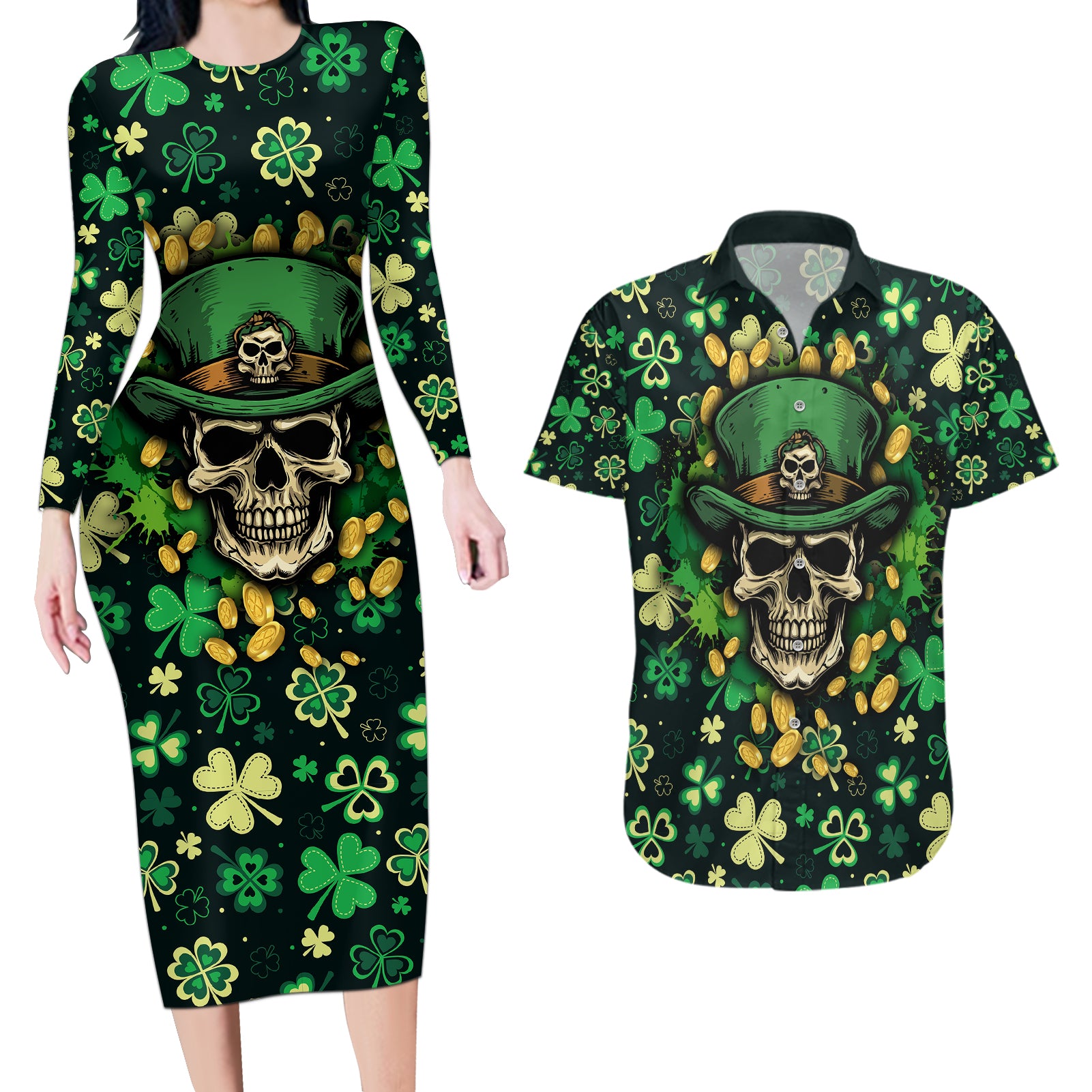 Skull and Shamrock Leaf Pattern Couples Matching Long Sleeve Bodycon Dress and Hawaiian Shirt Good Luck - Wonder Print Shop