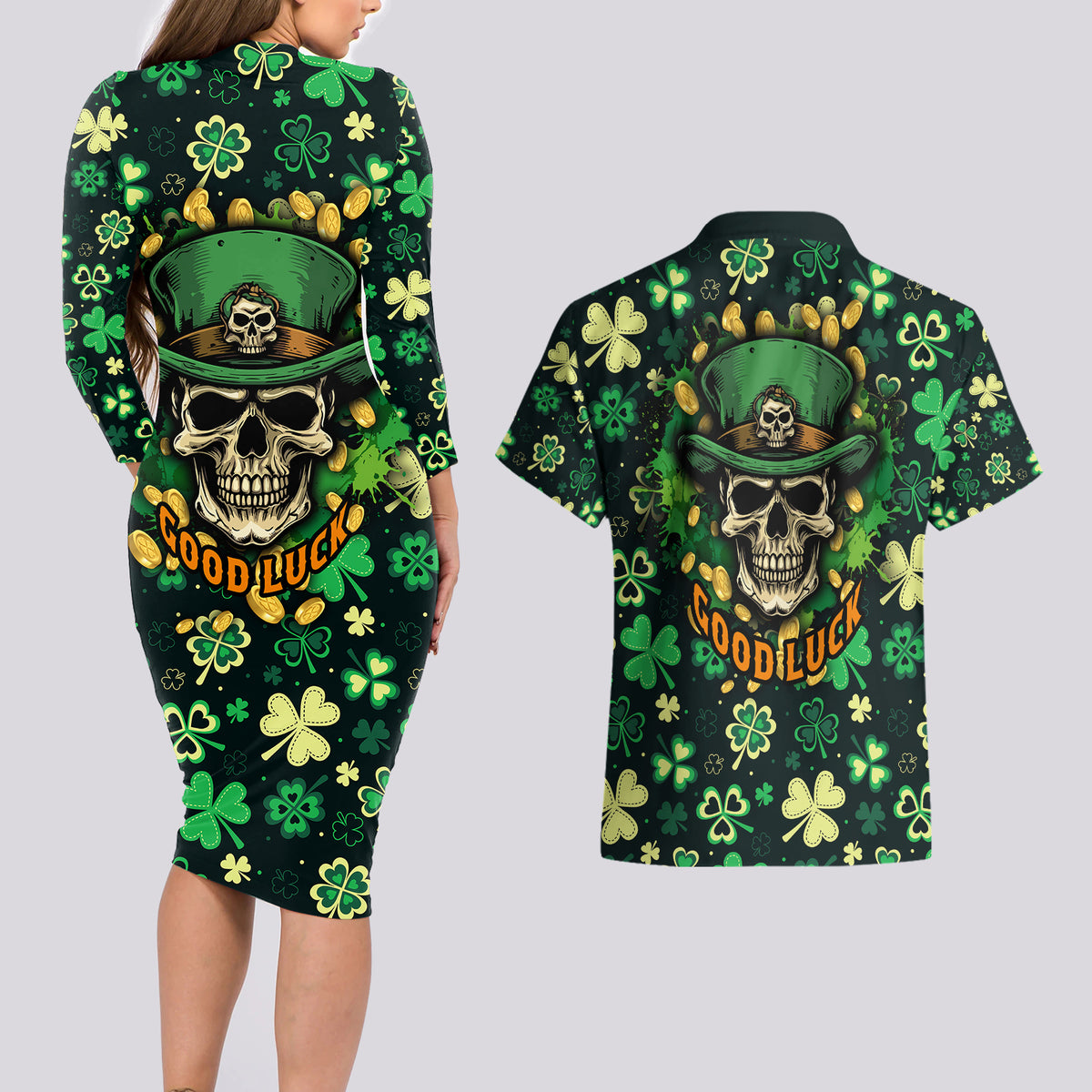 Skull and Shamrock Leaf Pattern Couples Matching Long Sleeve Bodycon Dress and Hawaiian Shirt Good Luck - Wonder Print Shop