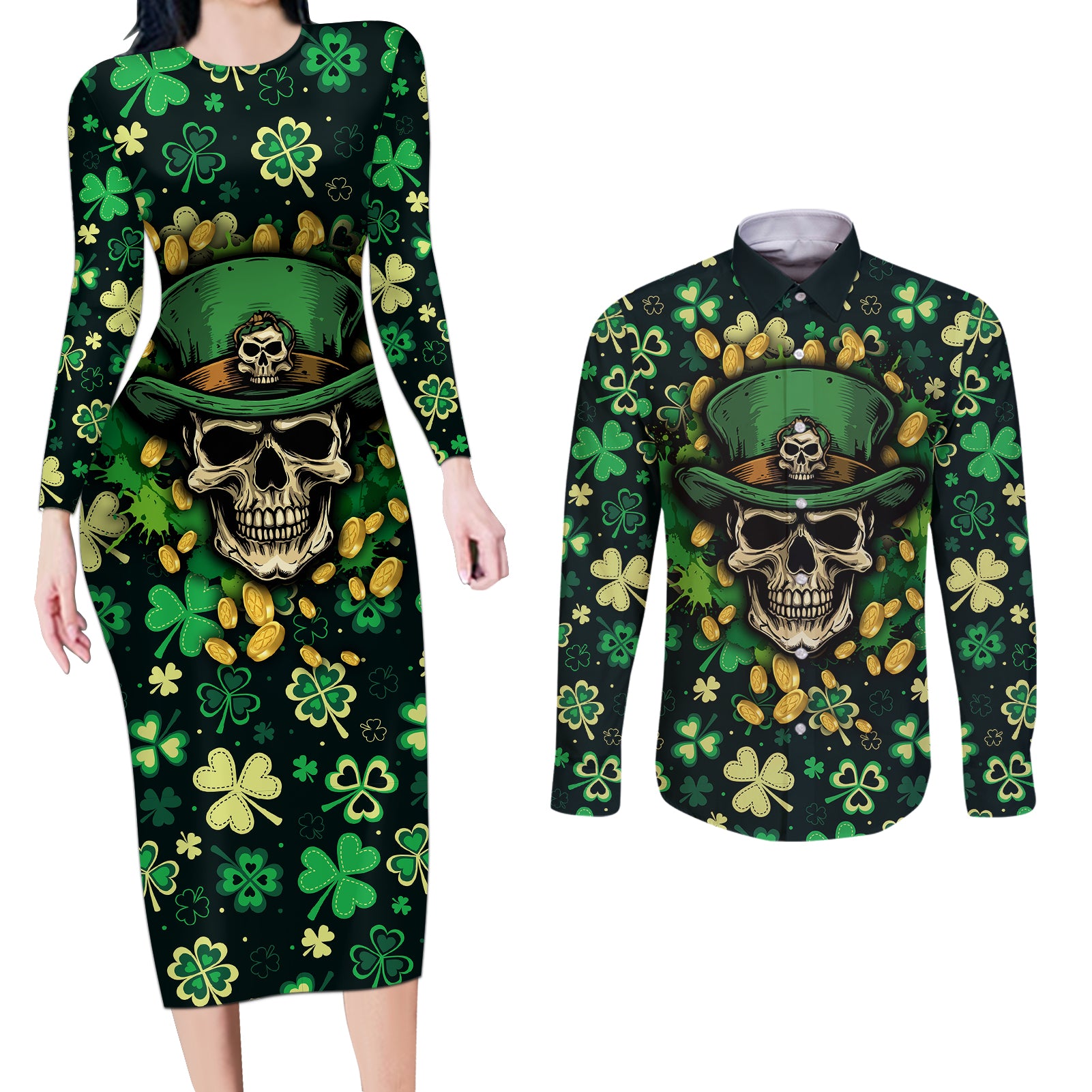 Skull and Shamrock Leaf Pattern Couples Matching Long Sleeve Bodycon Dress and Long Sleeve Button Shirts Good Luck - Wonder Print Shop