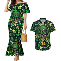 Skull and Shamrock Leaf Pattern Couples Matching Mermaid Dress and Hawaiian Shirt Good Luck - Wonder Print Shop