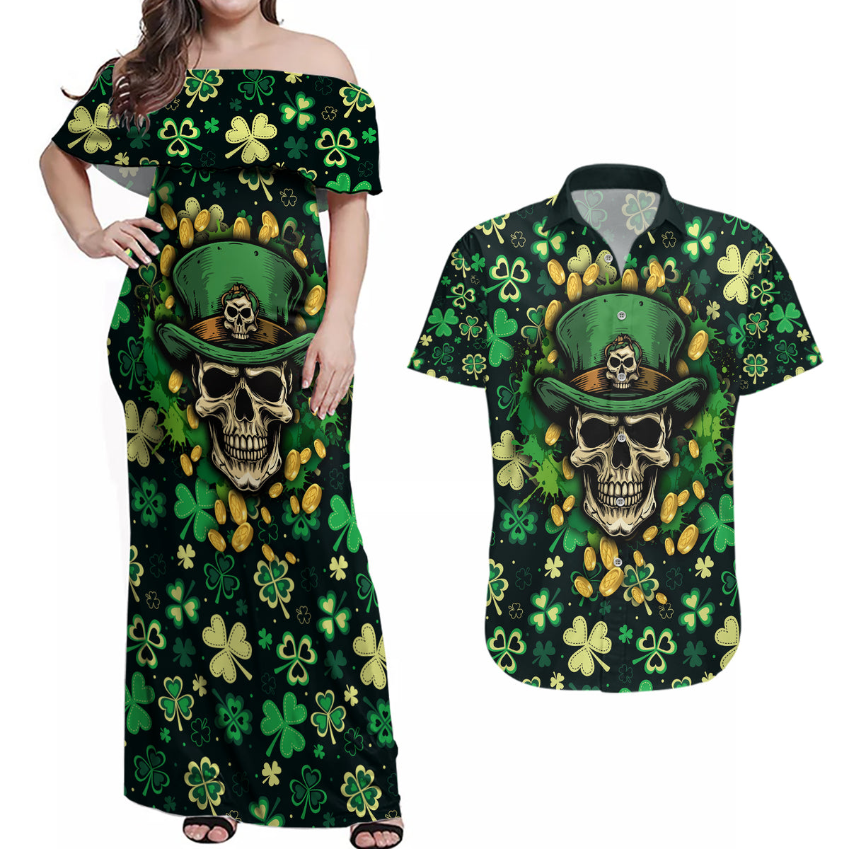 Skull and Shamrock Leaf Pattern Couples Matching Off Shoulder Maxi Dress and Hawaiian Shirt Good Luck - Wonder Print Shop