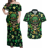 Skull and Shamrock Leaf Pattern Couples Matching Off Shoulder Maxi Dress and Hawaiian Shirt Good Luck - Wonder Print Shop