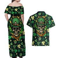 Skull and Shamrock Leaf Pattern Couples Matching Off Shoulder Maxi Dress and Hawaiian Shirt Good Luck - Wonder Print Shop