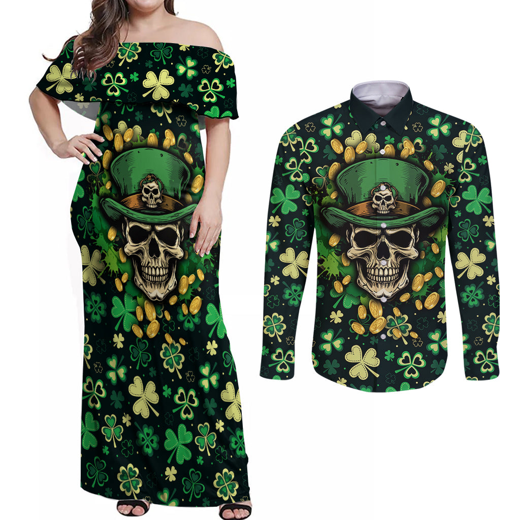 Skull and Shamrock Leaf Pattern Couples Matching Off Shoulder Maxi Dress and Long Sleeve Button Shirts Good Luck - Wonder Print Shop