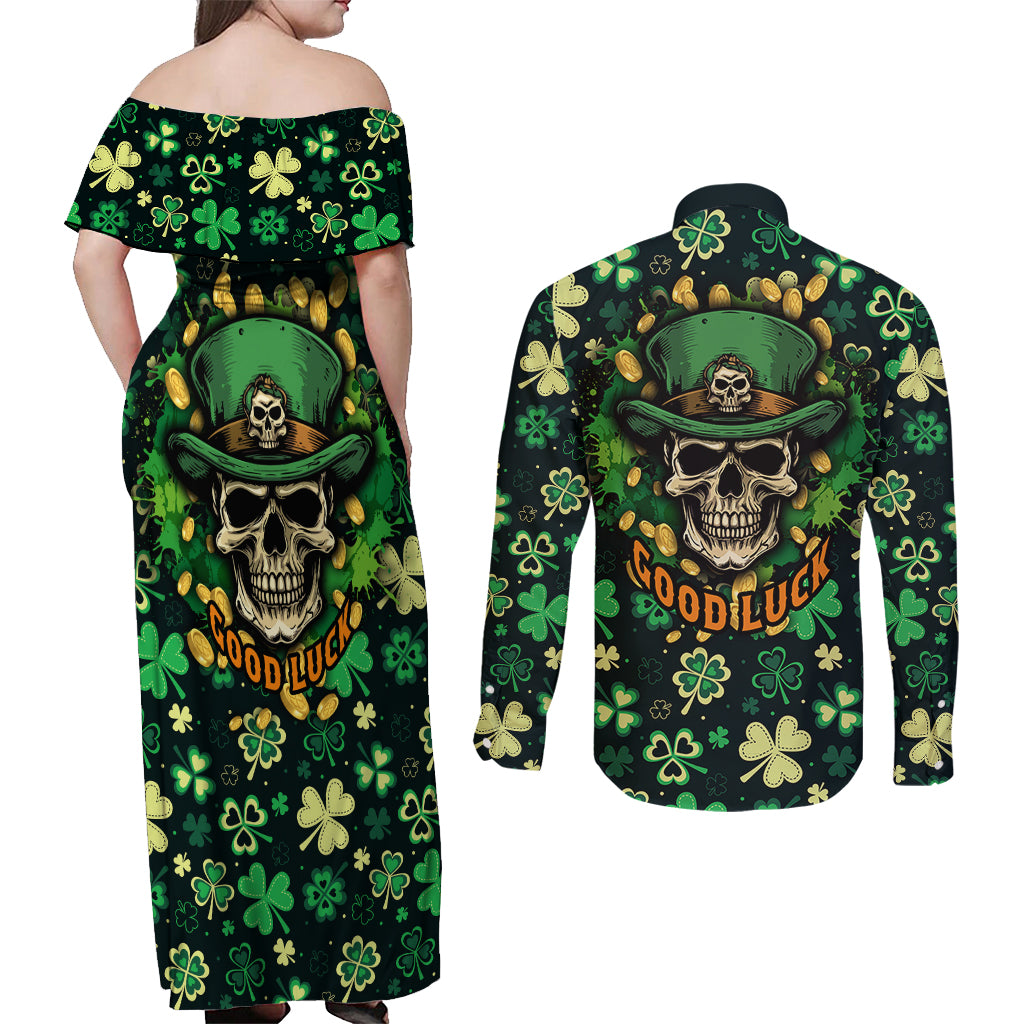 Skull and Shamrock Leaf Pattern Couples Matching Off Shoulder Maxi Dress and Long Sleeve Button Shirts Good Luck - Wonder Print Shop