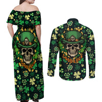 Skull and Shamrock Leaf Pattern Couples Matching Off Shoulder Maxi Dress and Long Sleeve Button Shirts Good Luck - Wonder Print Shop
