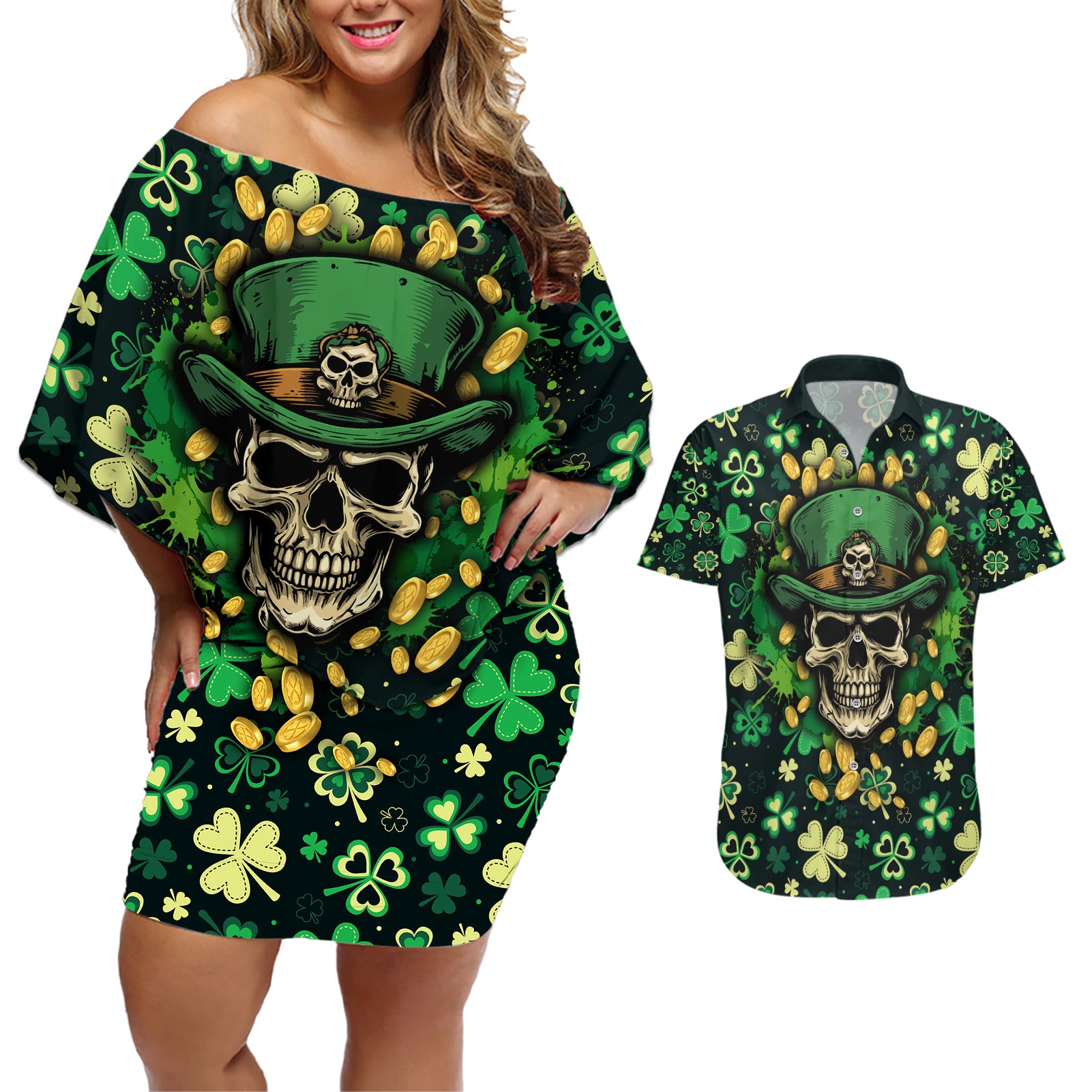 Skull and Shamrock Leaf Pattern Couples Matching Off Shoulder Short Dress and Hawaiian Shirt Good Luck - Wonder Print Shop