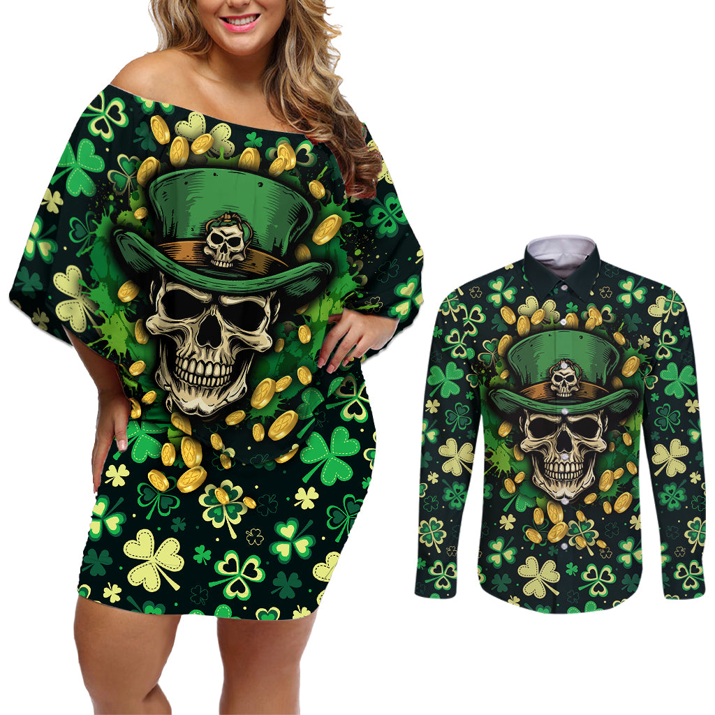 Skull and Shamrock Leaf Pattern Couples Matching Off Shoulder Short Dress and Long Sleeve Button Shirts Good Luck - Wonder Print Shop