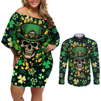 Skull and Shamrock Leaf Pattern Couples Matching Off Shoulder Short Dress and Long Sleeve Button Shirts Good Luck - Wonder Print Shop