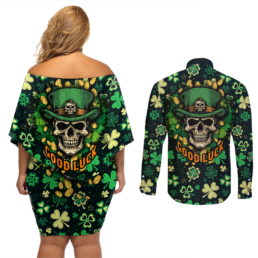 Skull and Shamrock Leaf Pattern Couples Matching Off Shoulder Short Dress and Long Sleeve Button Shirts Good Luck - Wonder Print Shop