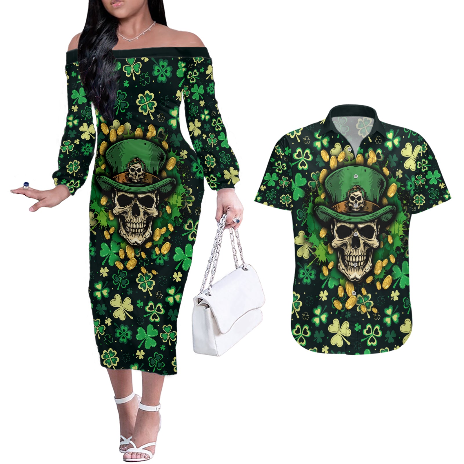 Skull and Shamrock Leaf Pattern Couples Matching Off The Shoulder Long Sleeve Dress and Hawaiian Shirt Good Luck - Wonder Print Shop