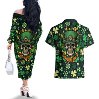Skull and Shamrock Leaf Pattern Couples Matching Off The Shoulder Long Sleeve Dress and Hawaiian Shirt Good Luck - Wonder Print Shop