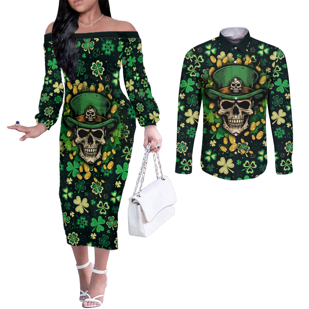 skull-and-shamrock-leaf-pattern-couples-matching-off-the-shoulder-long-sleeve-dress-and-long-sleeve-button-shirts-good-luck