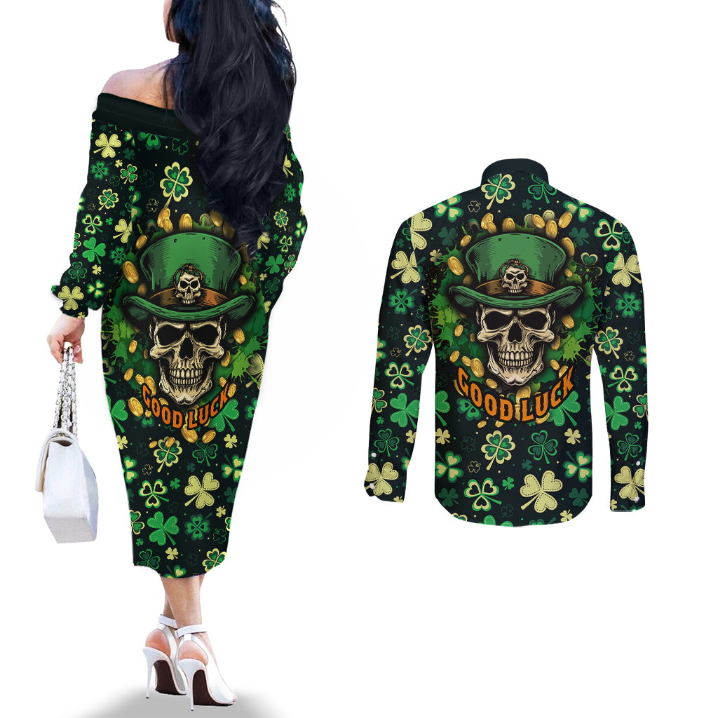 skull-and-shamrock-leaf-pattern-couples-matching-off-the-shoulder-long-sleeve-dress-and-long-sleeve-button-shirts-good-luck