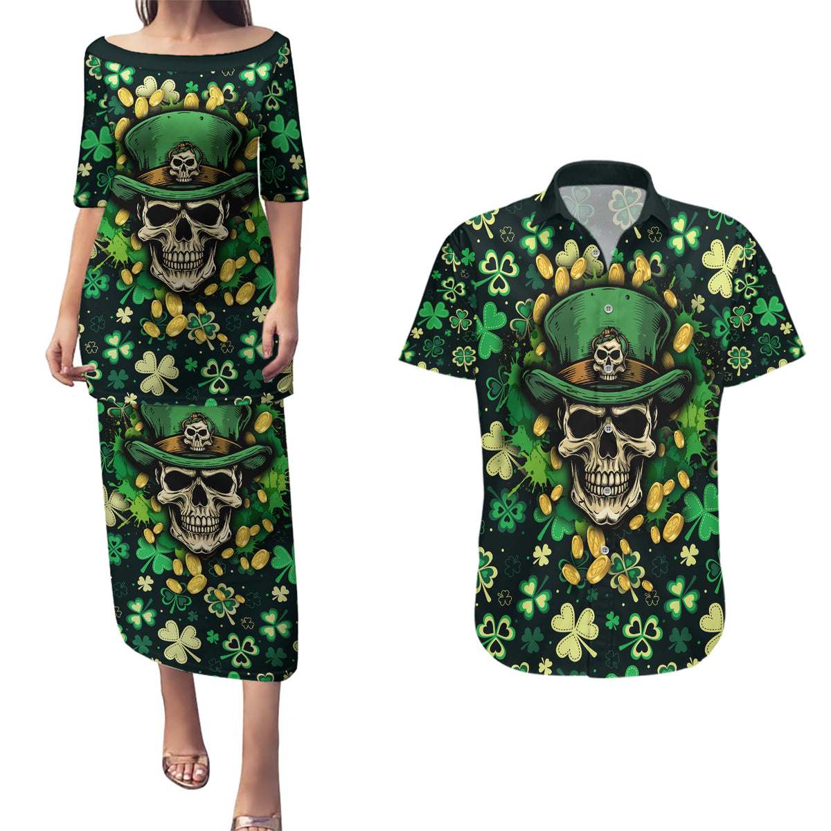 Skull and Shamrock Leaf Pattern Couples Matching Puletasi Dress and Hawaiian Shirt Good Luck - Wonder Print Shop