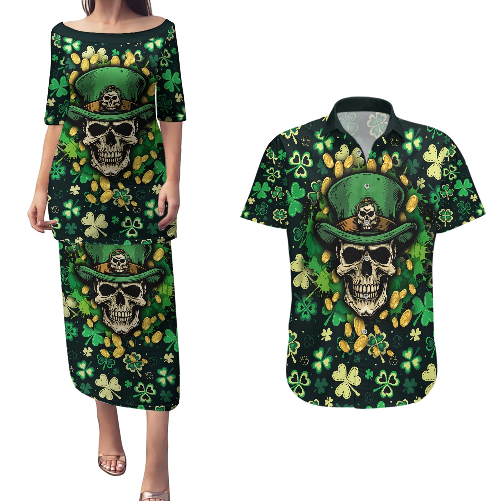 Skull and Shamrock Leaf Pattern Couples Matching Puletasi Dress and Hawaiian Shirt Good Luck - Wonder Print Shop